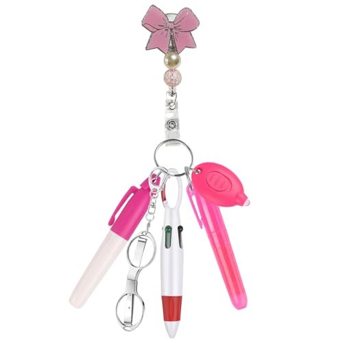 Uaimvie 6 Pcs Nurse Badge Accessories Pen Pack Set Including Retractable Badge Reel Clip, Mini Highlighter, Permanent Marker, Ballpoint Pen, LED Keychain Flashlight, Folding Scissors for Nurse, Light Pink Bow - Image 1