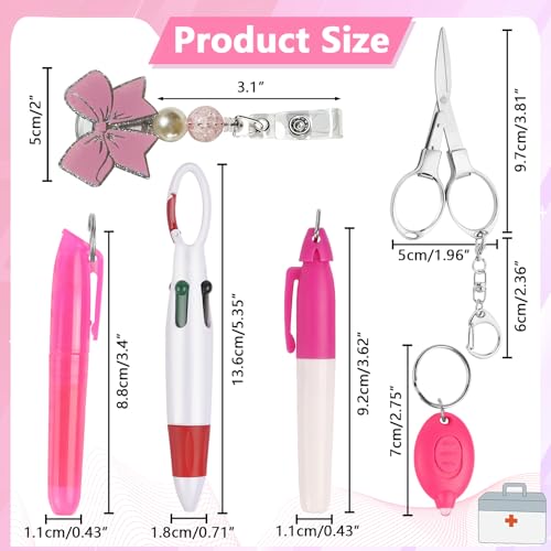 Uaimvie 6 Pcs Nurse Badge Accessories Pen Pack Set Including Retractable Badge Reel Clip, Mini Highlighter, Permanent Marker, Ballpoint Pen, LED Keychain Flashlight, Folding Scissors for Nurse, Light Pink Bow - Image 2
