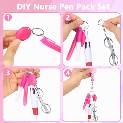 Uaimvie 6 Pcs Nurse Badge Accessories Pen Pack Set Including Retractable Badge Reel Clip, Mini Highlighter, Permanent Marker, Ballpoint Pen, LED Keychain Flashlight, Folding Scissors for Nurse, Light Pink Bow - Image 4