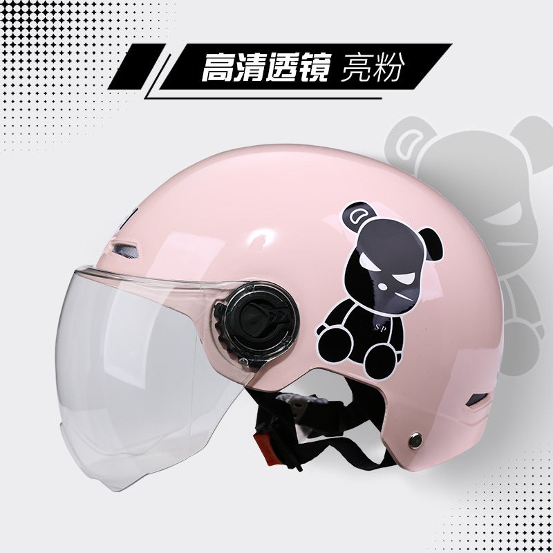 Generic [Clearance] Electric Battery Car Helmet Mens and Womens Summer Sunscreen Helmet Adult Four Seasons General Riding Half Helmet Shiny Pink Tide Bear [HD Short Transparent]]