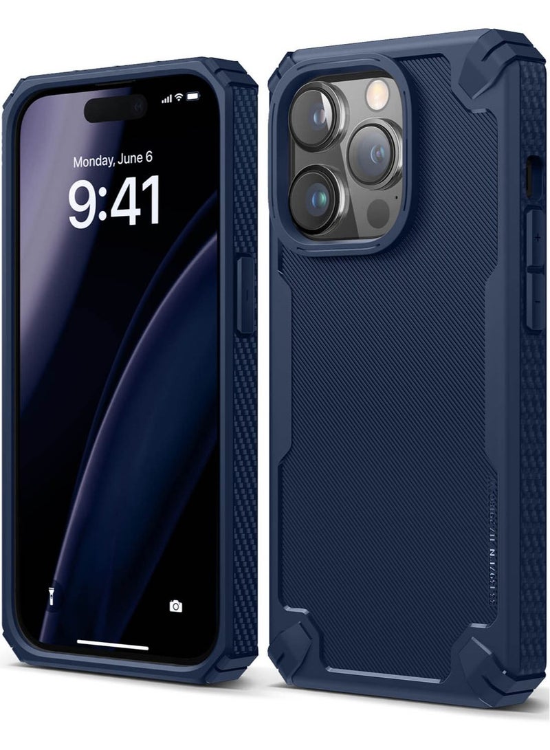 Elago Armor for iPhone 14 Pro Case Cover with Military Grade Carbon Fiber Pattern - Jean Indigo  - Image 1