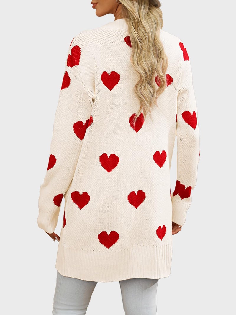 HOULENGS Women's Cute Heart Long Cardigan Sweaters V Neck Ribbed Knit Open Front Sweater Coats with Pockets Apricot Large - Image 2