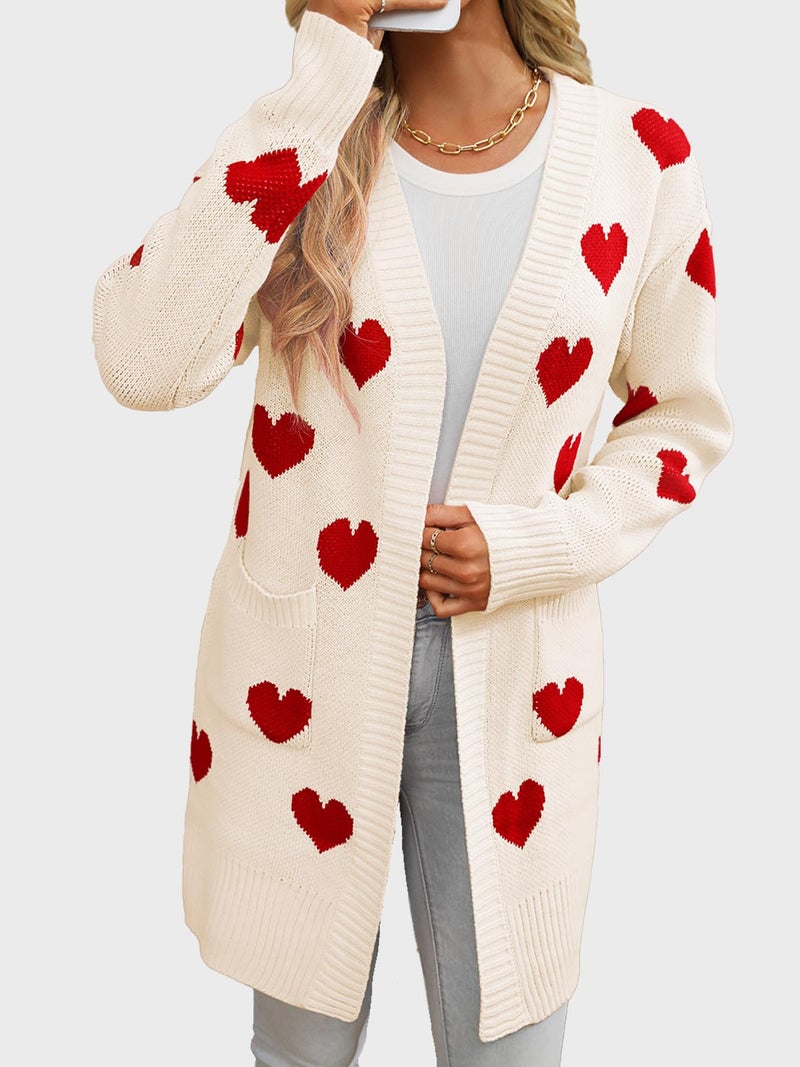 HOULENGS Women's Cute Heart Long Cardigan Sweaters V Neck Ribbed Knit Open Front Sweater Coats with Pockets Apricot Large - Image 5