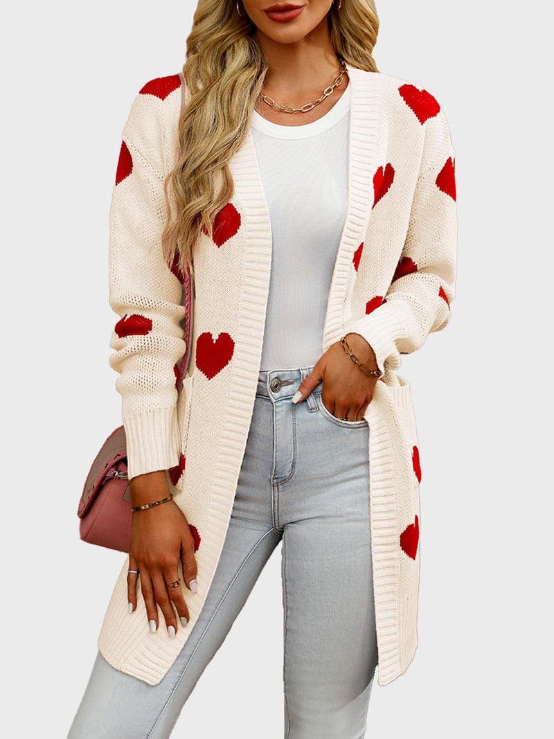 HOULENGS Women's Cute Heart Long Cardigan Sweaters V Neck Ribbed Knit Open Front Sweater Coats with Pockets Apricot Large - Image 3