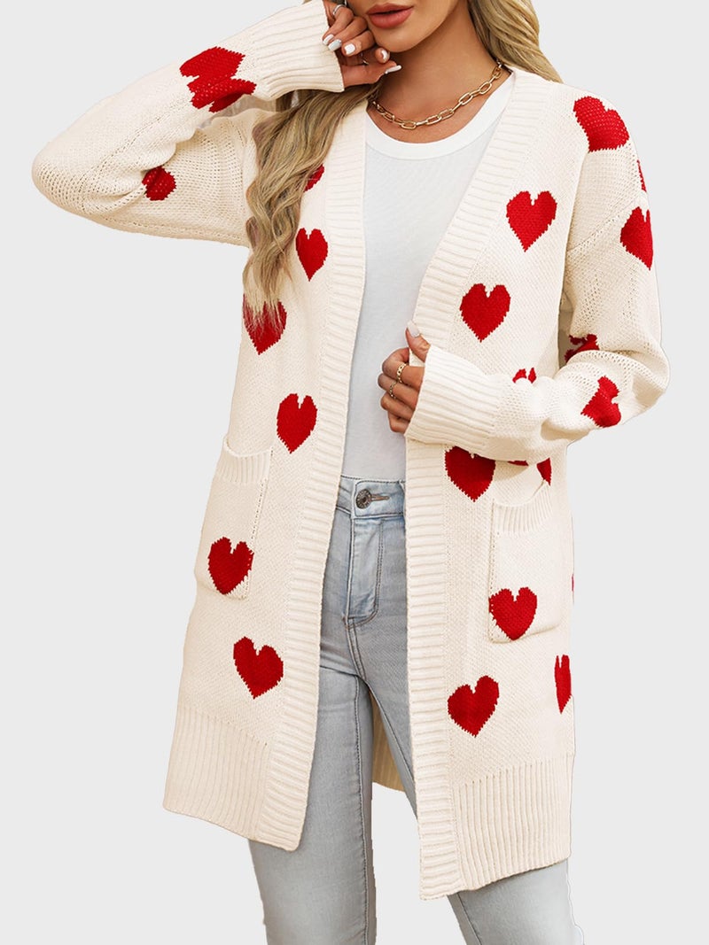 HOULENGS Women's Cute Heart Long Cardigan Sweaters V Neck Ribbed Knit Open Front Sweater Coats with Pockets Apricot Large - Image 4