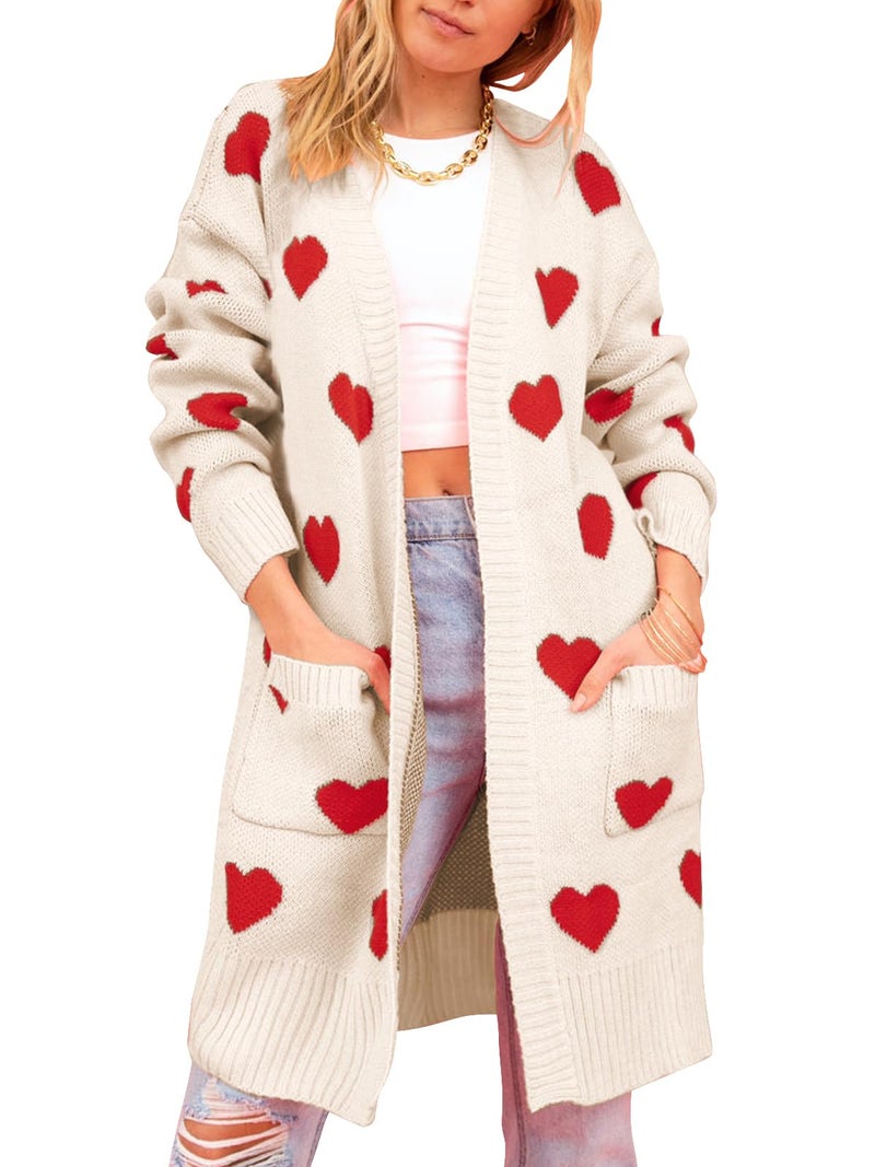 HOULENGS Women's Cute Heart Long Cardigan Sweaters V Neck Ribbed Knit Open Front Sweater Coats with Pockets Apricot Large - Image 1