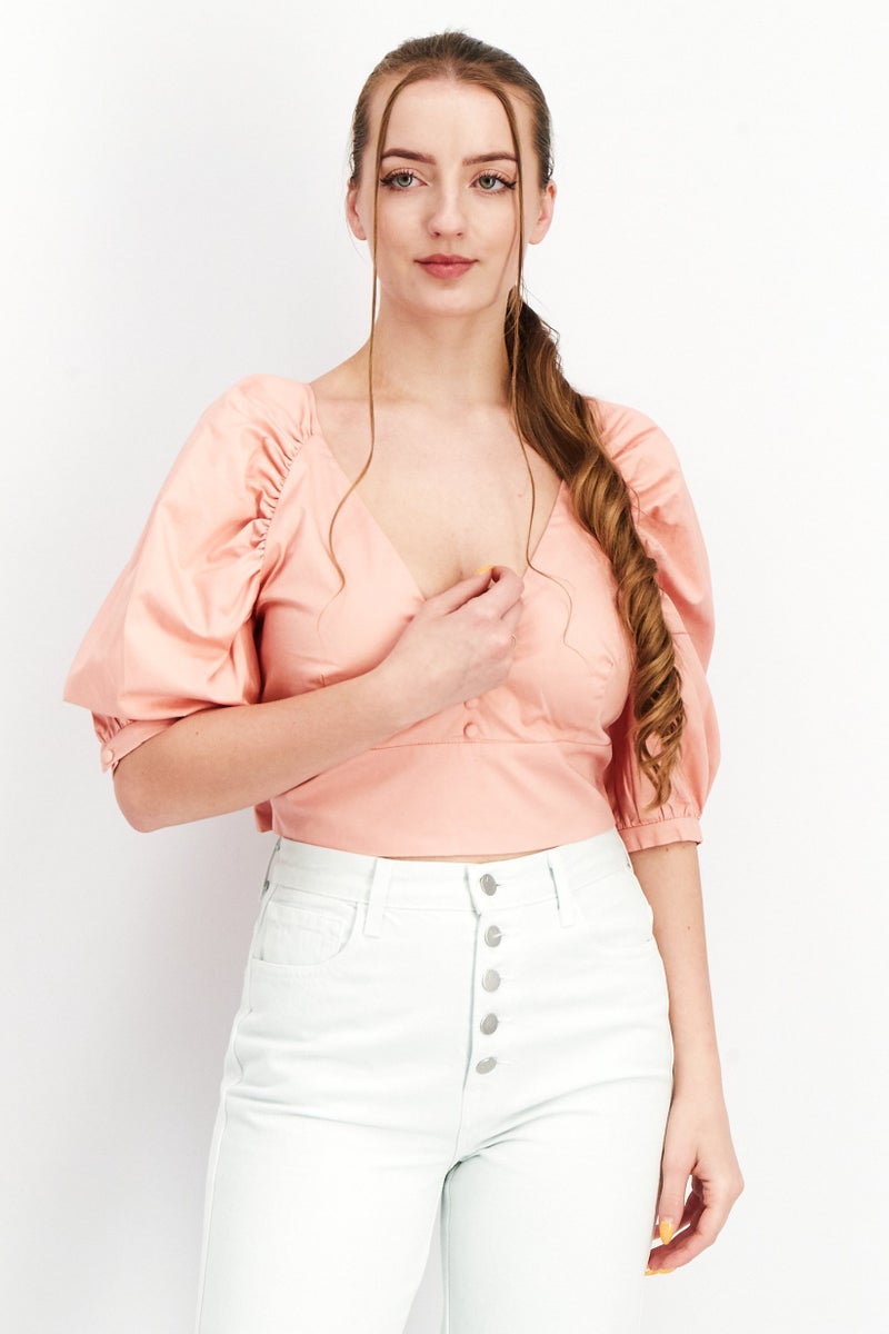 Bardot بلوزة قصيرة بأكمام قصيرة على شكل حرف V للنساء، وردي - Image 1