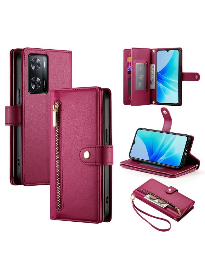 اس-توب جراب لهاتف OPPO A57 4G / A77 4G / A57s 4G / A77s 4G، جراب محفظة جلدي مزود بسحاب وتسع فتحات للبطاقات - Image 1