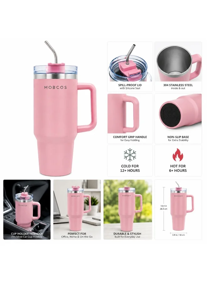 Mobcos Mobcos Plain Insulated Travel Tumbler 1200ml | Stainless Steel Vacuum Flask with Handle, Straw & Leakproof Lid | Reusable Coffee Mug | Water Bottle | Pink
