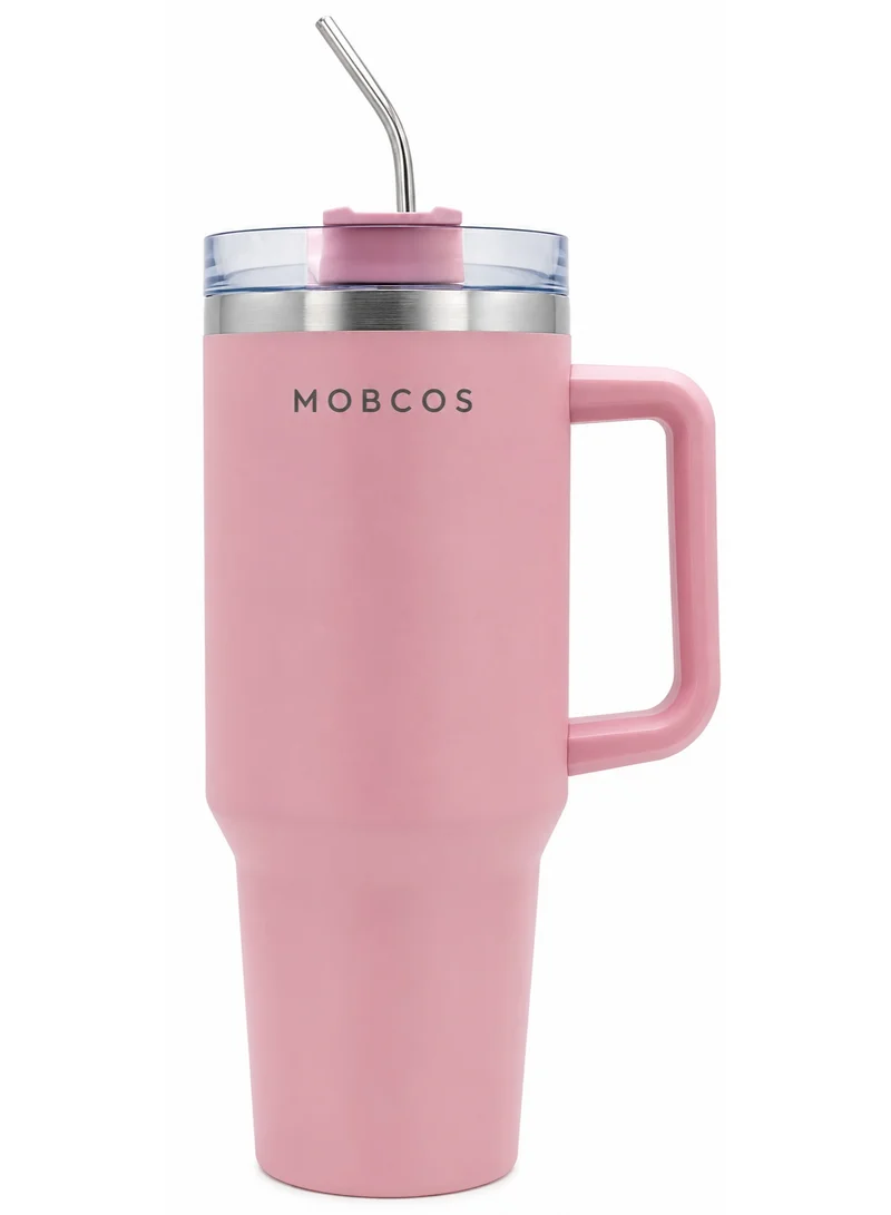 Mobcos Mobcos Plain Insulated Travel Tumbler 1200ml | Stainless Steel Vacuum Flask with Handle, Straw & Leakproof Lid | Reusable Coffee Mug | Water Bottle | Pink