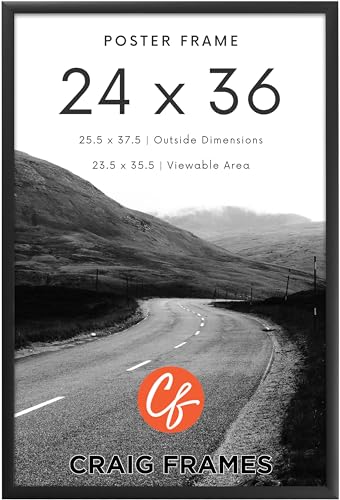 Craig Frames 24x36 Poster Frame  Matte Black 1WB3BK Style 1 Inch MDF Moulding Clear Plexiglass Face Backing Board Wall Hanging Hardware  Modern Art or Print Display