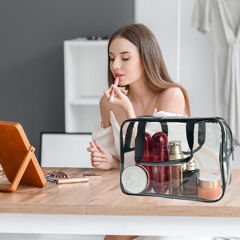 TotePrint PVC Clear Pure Color Transparent Large Zipper Cosmetic Pouch Travel Makeup Cosmetic Bag with Handle for Travel Bathroom Toiletry Organizer (Clear+Black Handle) - Image 5