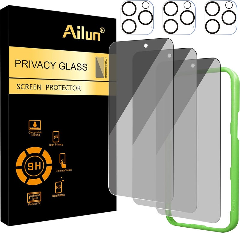 Ailun 3Pack Privacy Screen Protector for iPhone 16 Pro [6.3 inch]+3Pack Camera Lens Protector,Dynamic Island Compatible,Anti Spy Tempered Glass[9H Hardness][Not for iPhone 16/16 Plus/16 Pro Max/16e] - Image 1