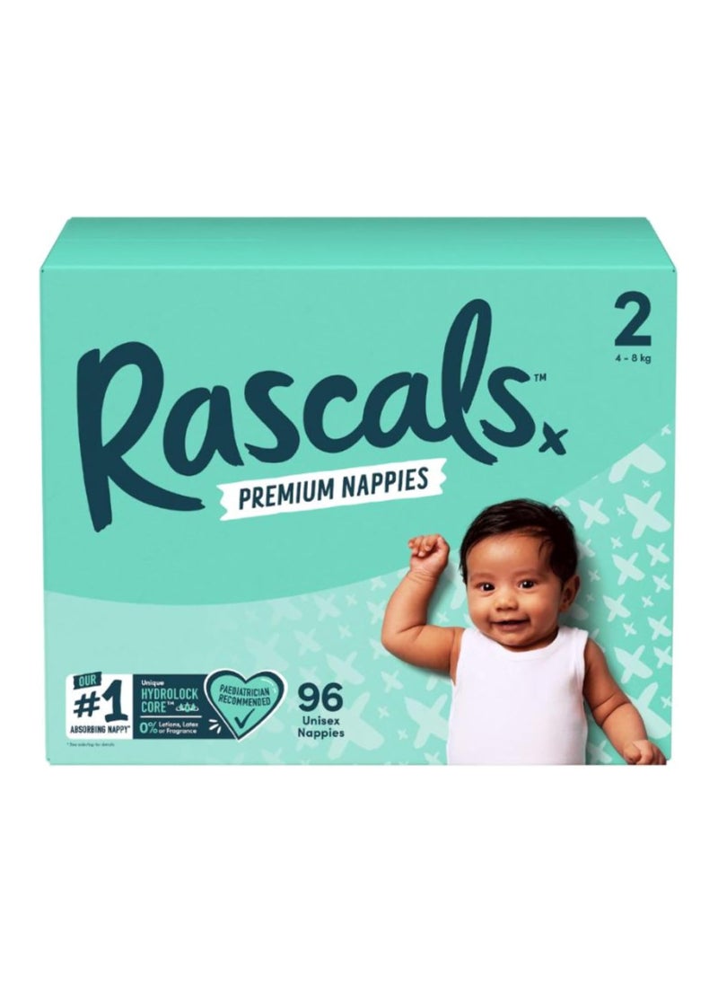 Rascals Premium Baby Diapers - Comfortable & Leak Proof Diaper for Babies 4-8 kg - Soft & Gentle Diapers Size 2 - Jumbo Box (96 Count) 