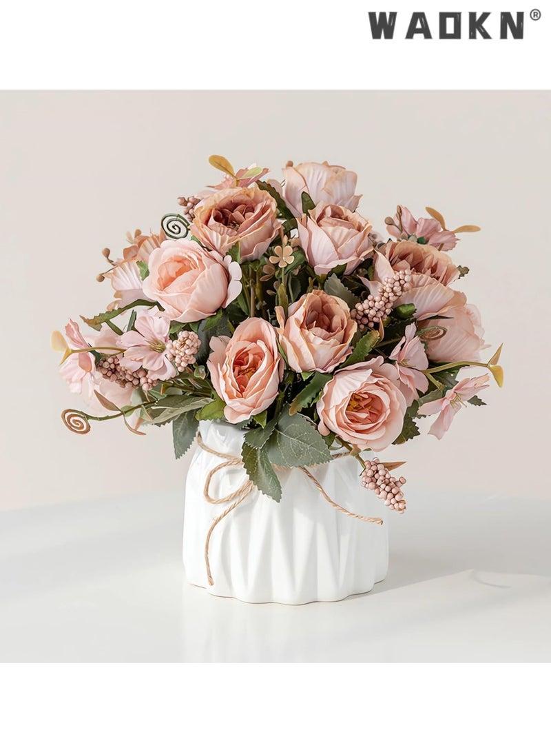 WAOKN Faux Flowers with Vase,Artificial Silk Flowers in Ceramic Vase,Small Fake Flower Arrangement for Home Office Kitchen Bathroom Coffee Dining Table Centerpiece Decor (Pink,Pomegranate) - Image 1