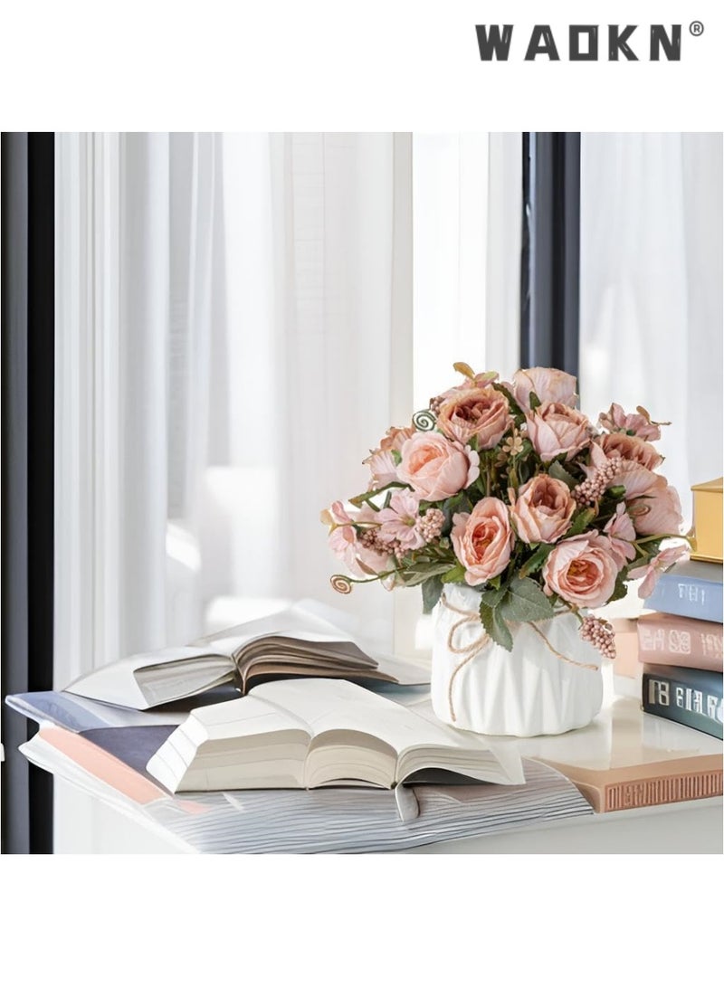 WAOKN Faux Flowers with Vase,Artificial Silk Flowers in Ceramic Vase,Small Fake Flower Arrangement for Home Office Kitchen Bathroom Coffee Dining Table Centerpiece Decor (Pink,Pomegranate) - Image 4