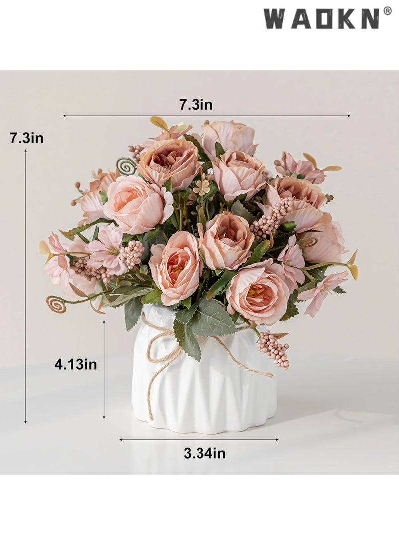 WAOKN Faux Flowers with Vase,Artificial Silk Flowers in Ceramic Vase,Small Fake Flower Arrangement for Home Office Kitchen Bathroom Coffee Dining Table Centerpiece Decor (Pink,Pomegranate) - Image 2