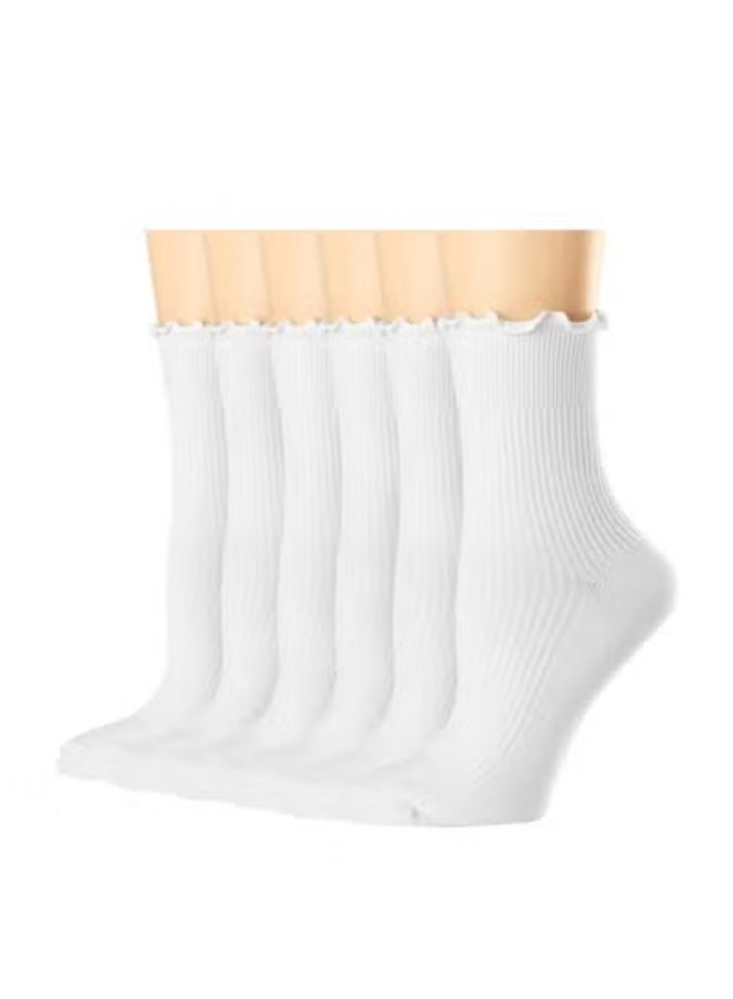 GUDOO جوارب نسائية، جوارب نسائية كاجوال بكشكشة وأساور مطوية، جوارب قطنية محبوكة مريحة، جوارب كاحل مزينة بكشكشة، عبوة من 6 قطع. - Image 1