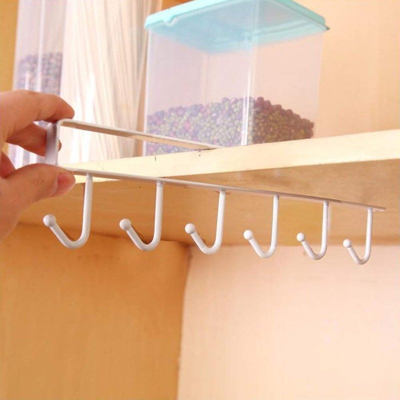 Dxent Metal Steel Over The Door Kitchen Utensil Hook Hanger Hanging Organizer Rack with No Hole Drilling Required 6 Hooks Under Shelf Kitchen Cup HolderMulti Colored - Image 3