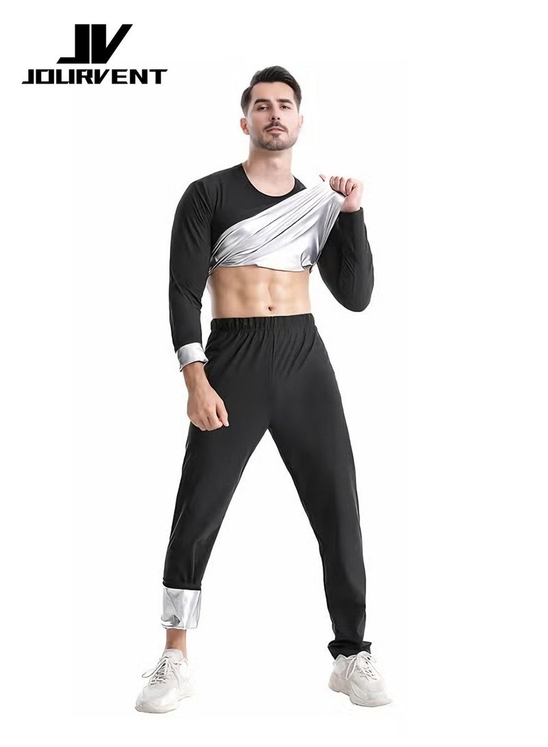 Jourvent Men’s Sauna Suit Set for Weight Loss, Premium High-Quality Breathable Fabric Quick-Dry Sweat-Wicking Compression Outfit, Zipper Long Sleeve Top & High-Waist Shaping Pants with Gloves & Shoe Covers - Image 1