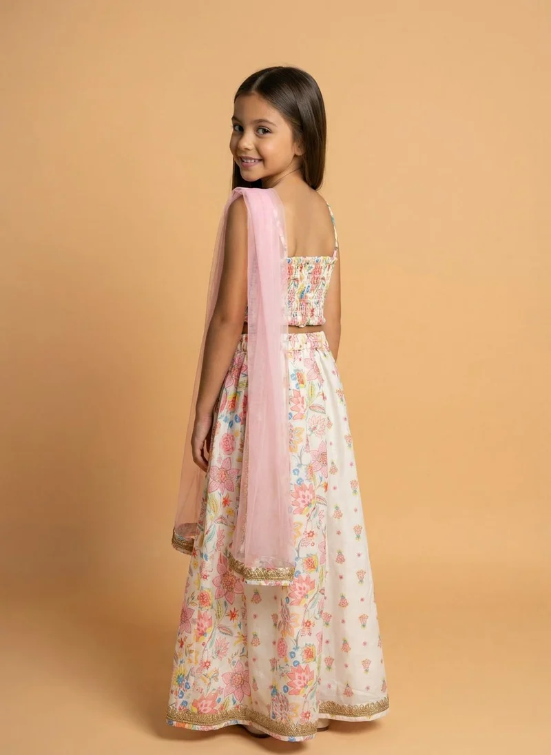 Nautinati Nautinati Girls' Cotton Blend Woven Festive Floral Print Lehenga & Choli Set