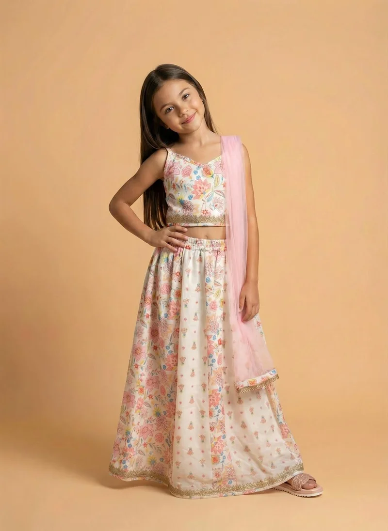 Nautinati Nautinati Girls' Cotton Blend Woven Festive Floral Print Lehenga & Choli Set