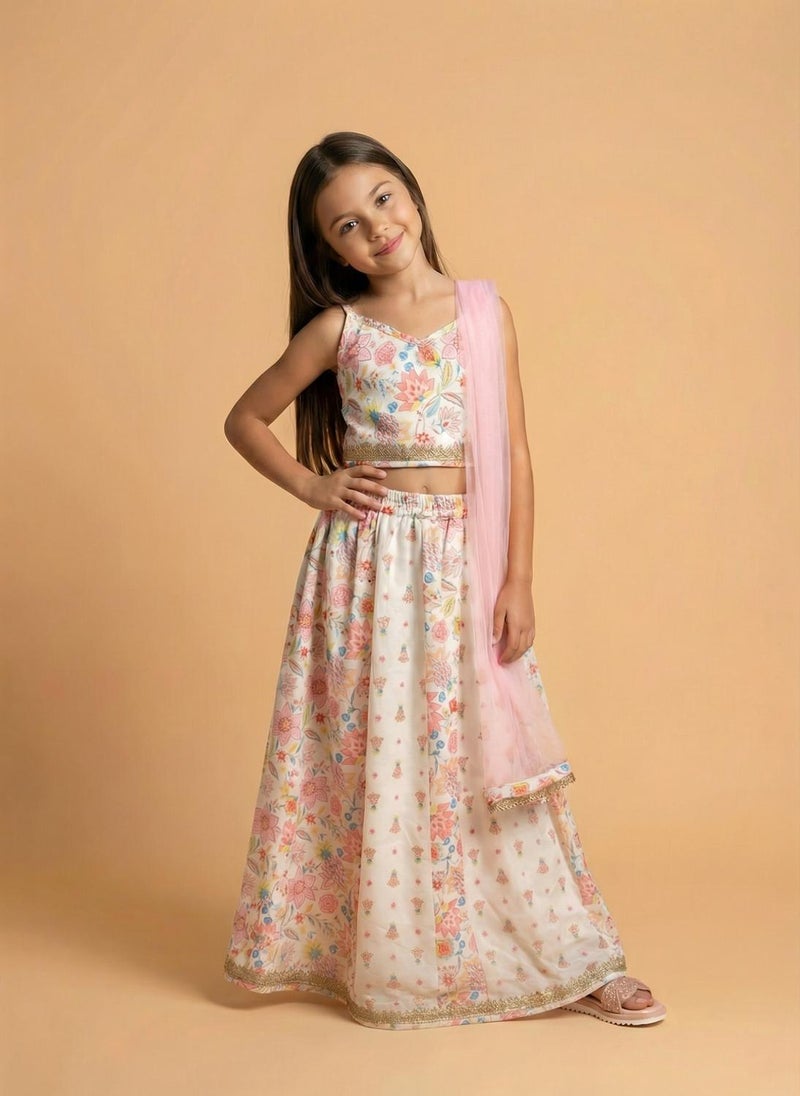 نوتيناتي Nautinati Girls' Cotton Blend Woven Festive Floral Print Lehenga & Choli Set - Image 1