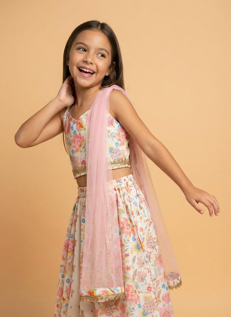 نوتيناتي Nautinati Girls' Cotton Blend Woven Festive Floral Print Lehenga & Choli Set - Image 4