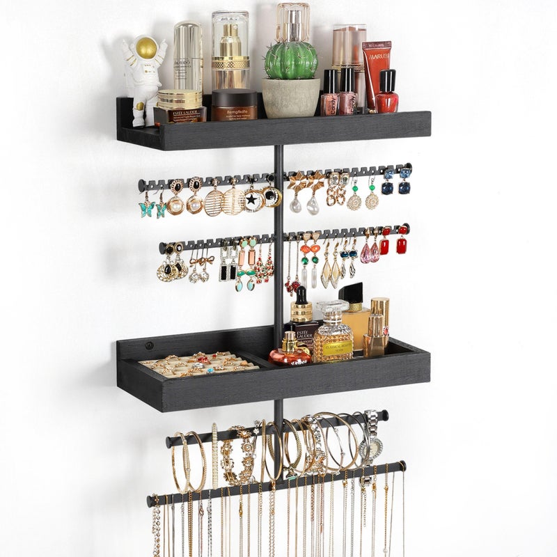 Keebofly Wall Mounted Jewelry Organizer with 2 Tired Shelves & Ring Holder- Jewelry Holder Wall Storage Display for Earrings, Necklace, Bracelet in Bathroom Bedroom, Black - Image 1