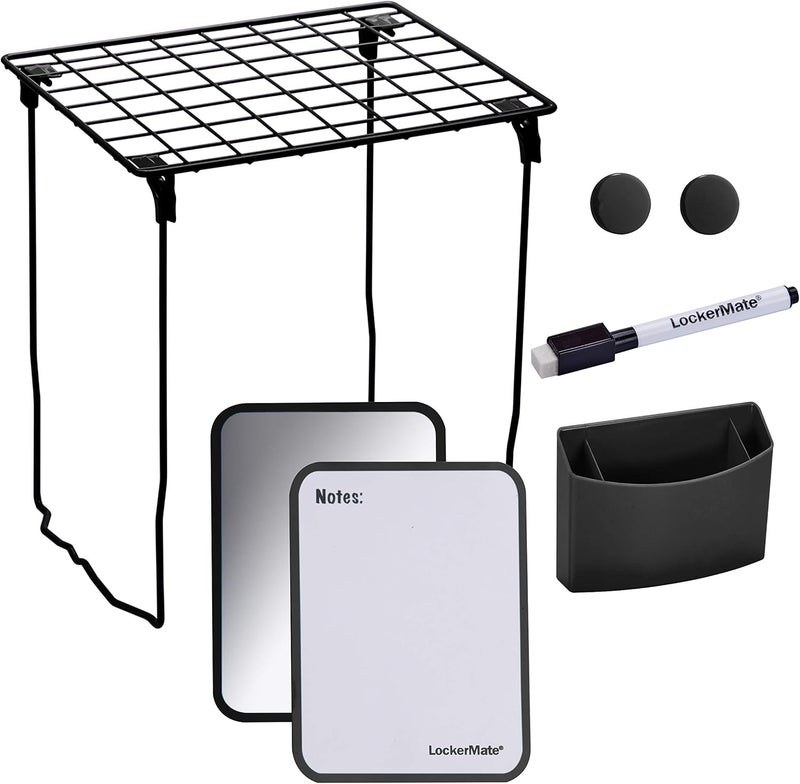 LockerMate LockerMate 7Piece Locker Organizer Kit Includes Locker Shelf Mirror Whiteboard Storage Cup  Dry Erase Marker  Black
