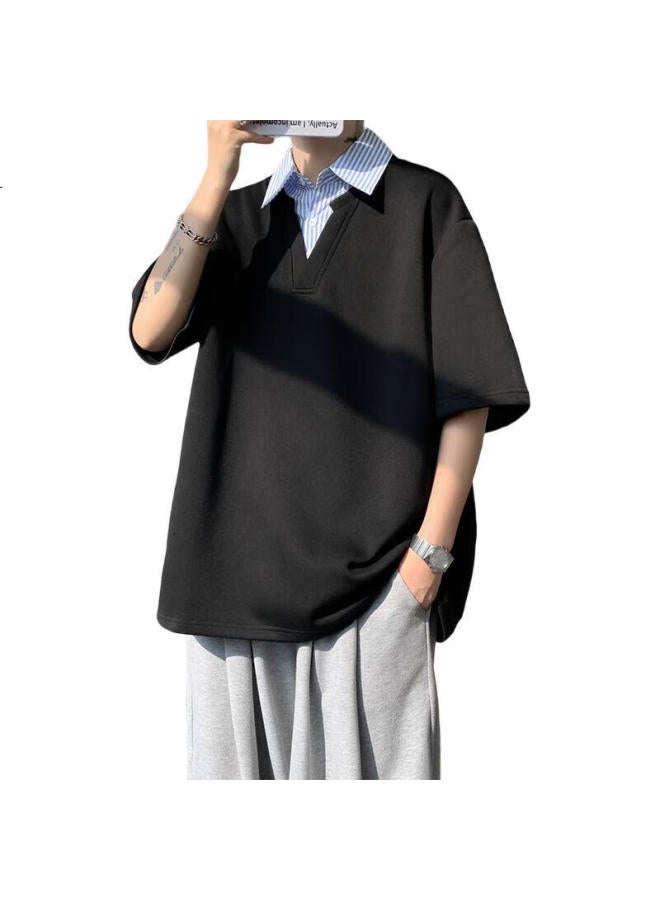 Izexx Men'S Fake Two-Piece Turn-Down Collar T-Shirt Summer Trendy Short Sleeve Loose Fit Fashion Casual It11 Black 3Xl - Image 2