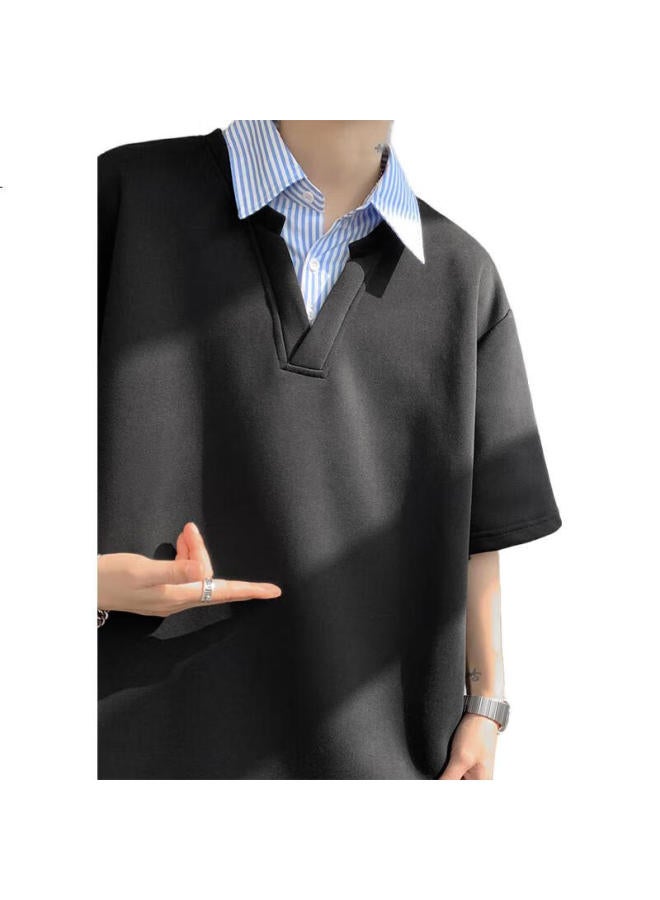 Izexx Men'S Fake Two-Piece Turn-Down Collar T-Shirt Summer Trendy Short Sleeve Loose Fit Fashion Casual It11 Black 3Xl - Image 3