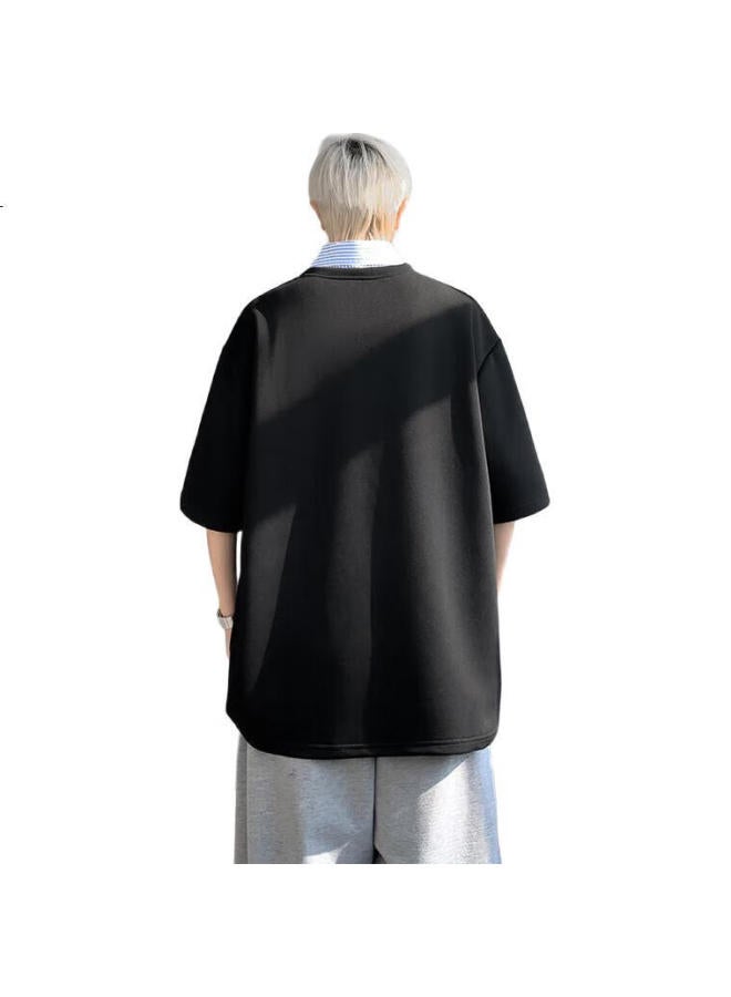 Izexx Men'S Fake Two-Piece Turn-Down Collar T-Shirt Summer Trendy Short Sleeve Loose Fit Fashion Casual It11 Black 3Xl - Image 1