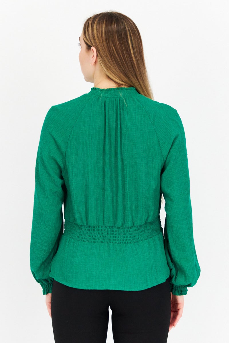 Riley & Rae Women V Neck Long Sleeve Textured Top, Green - Image 3