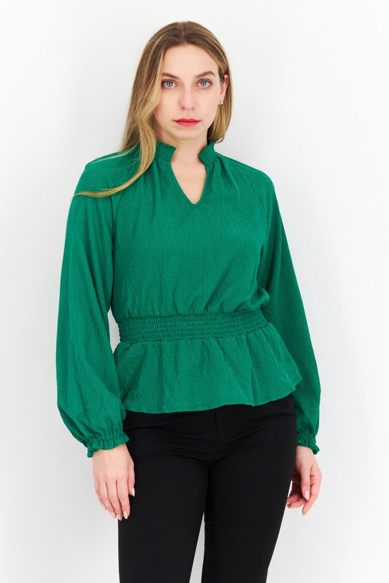 Riley & Rae Women V Neck Long Sleeve Textured Top, Green - Image 1