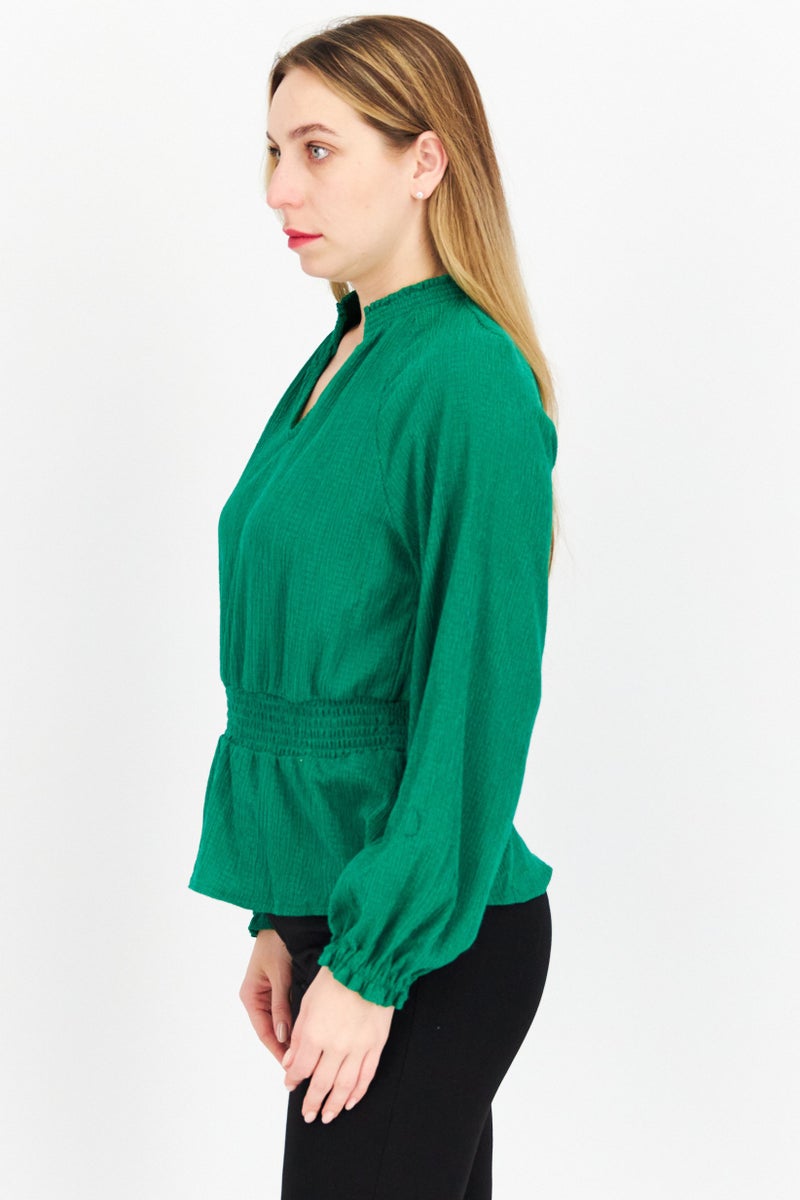 Riley & Rae Women V Neck Long Sleeve Textured Top, Green - Image 2