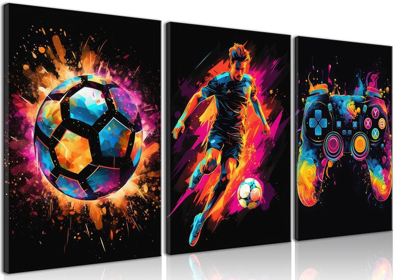 BGFCE Canvas Wall Art Poster Decor Paintings Art Game Controller Color Splash Ink Canvas Painting Posters for Room Aesthetic Soccer Wall Art for Boys Room Decor 12x16 Unframed Set of 3