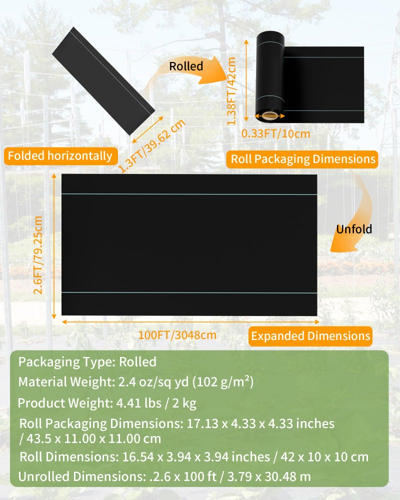 Pterying 2.6ftx100ft Weed Barrier Landscape Fabric Heavy Duty, Premium Garden Geotextile Fabric Weed Blocker for Driveway Mats Erosion Control, Weed Control Garden Cloth Ground Cover - Image 2