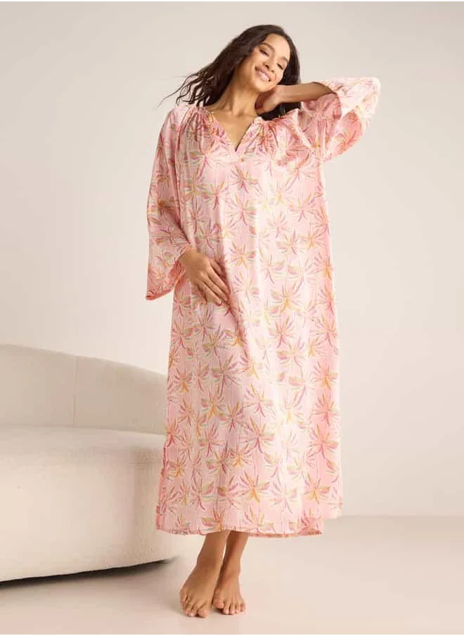 FAV Floral Print Night Dress with Collar and Long Sleeves