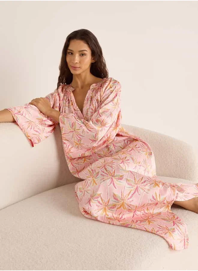 FAV Floral Print Night Dress with Collar and Long Sleeves