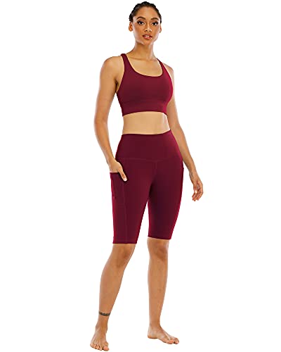 WHOUARE 4 Pack Biker Yoga Shorts with Pockets for Women,High Waisted Athletic Running Workout Gym Shorts Tummy Control,Army Green,Navy,Dark Gray,Burgundy,M - Image 5