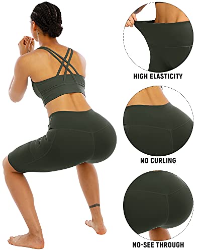 WHOUARE 4 Pack Biker Yoga Shorts with Pockets for Women,High Waisted Athletic Running Workout Gym Shorts Tummy Control,Army Green,Navy,Dark Gray,Burgundy,M - Image 4