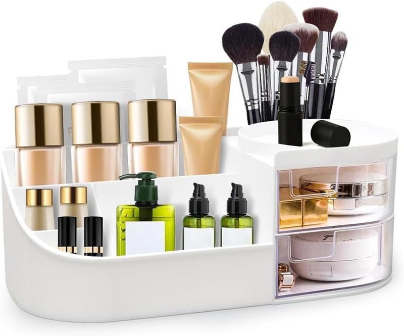 MEGHARSH Makeup Desk Cosmetic Storage Box Organizer with Drawers for Dressing Table,Bathroom Counter, Elegant Vanity Holder for Brushes, Eyeshadow, Lotions, Lipstick and Nail Polish (Off-White) - Image 1