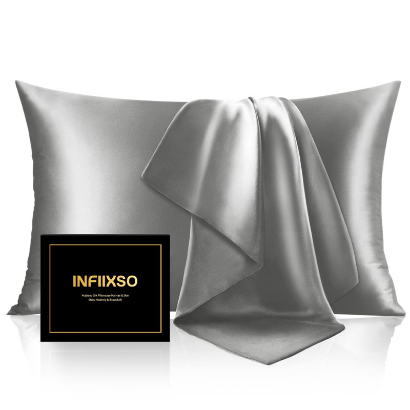 INFIIXSO Mulberry Silk Pillowcase for Hair and Skin  Silk Pillow Cases Queen Size Set of 2 with Hidden Zipper  Ultra Smooth and Soft Cooling Pillow Cases for Hot Sleepers(Grey 20x30 Inches  2 Pack) - Image 1