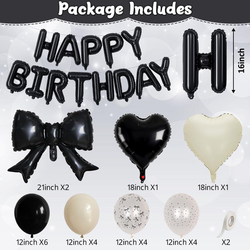 Froova Black White Bow Birthday Decorations Black Sand White Cream Pearl Polka Dot Bows Print Balloon Happy Birthday Banner 38 In Coquette Foil Balloons Heart Balloon for Women Men Bday Party Supplies - Image 2