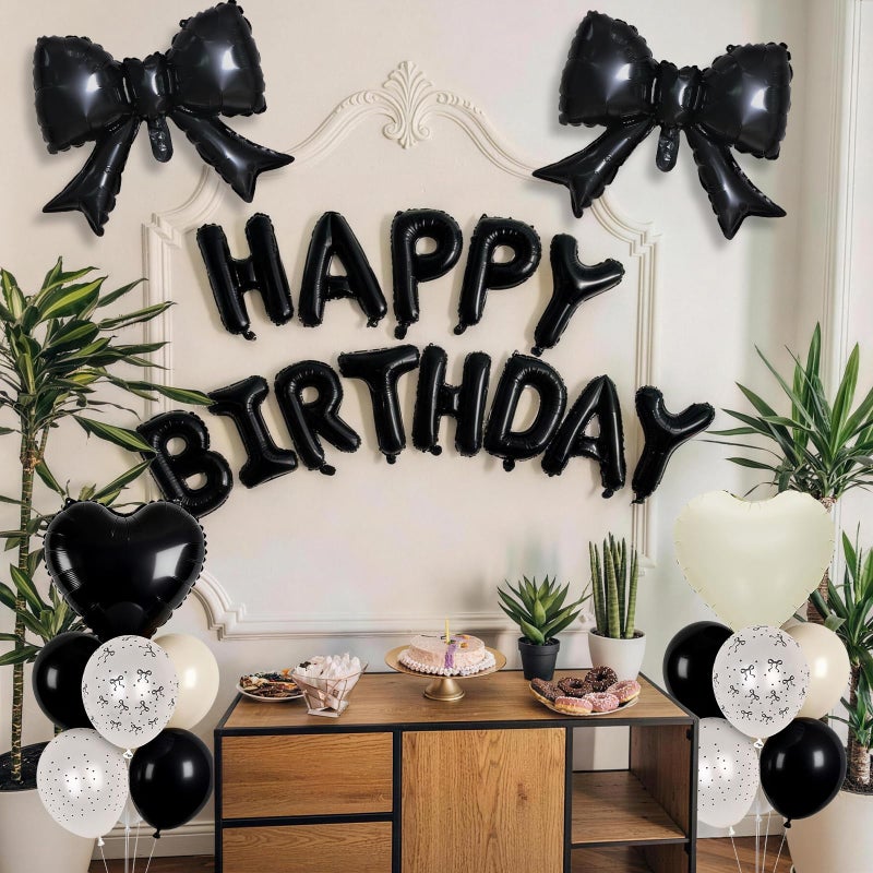 Froova Black White Bow Birthday Decorations Black Sand White Cream Pearl Polka Dot Bows Print Balloon Happy Birthday Banner 38 In Coquette Foil Balloons Heart Balloon for Women Men Bday Party Supplies - Image 3