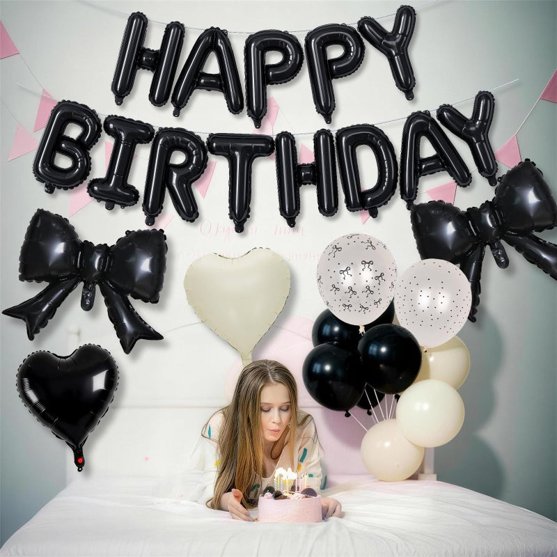 Froova Black White Bow Birthday Decorations Black Sand White Cream Pearl Polka Dot Bows Print Balloon Happy Birthday Banner 38 In Coquette Foil Balloons Heart Balloon for Women Men Bday Party Supplies - Image 4