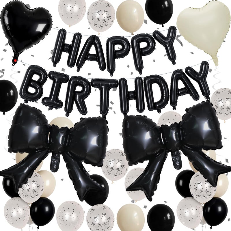 Froova Black White Bow Birthday Decorations Black Sand White Cream Pearl Polka Dot Bows Print Balloon Happy Birthday Banner 38 In Coquette Foil Balloons Heart Balloon for Women Men Bday Party Supplies - Image 1