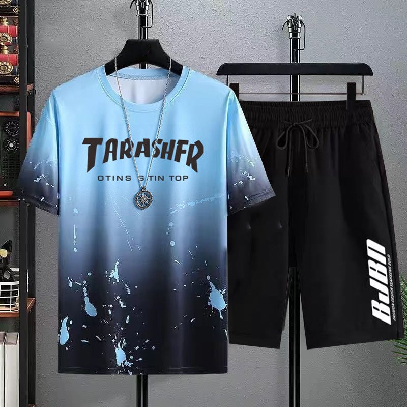 New Gradient Quick-Dry Mens T-shirt  Shorts Set TAR Blue Gradient Splash Ink-suit