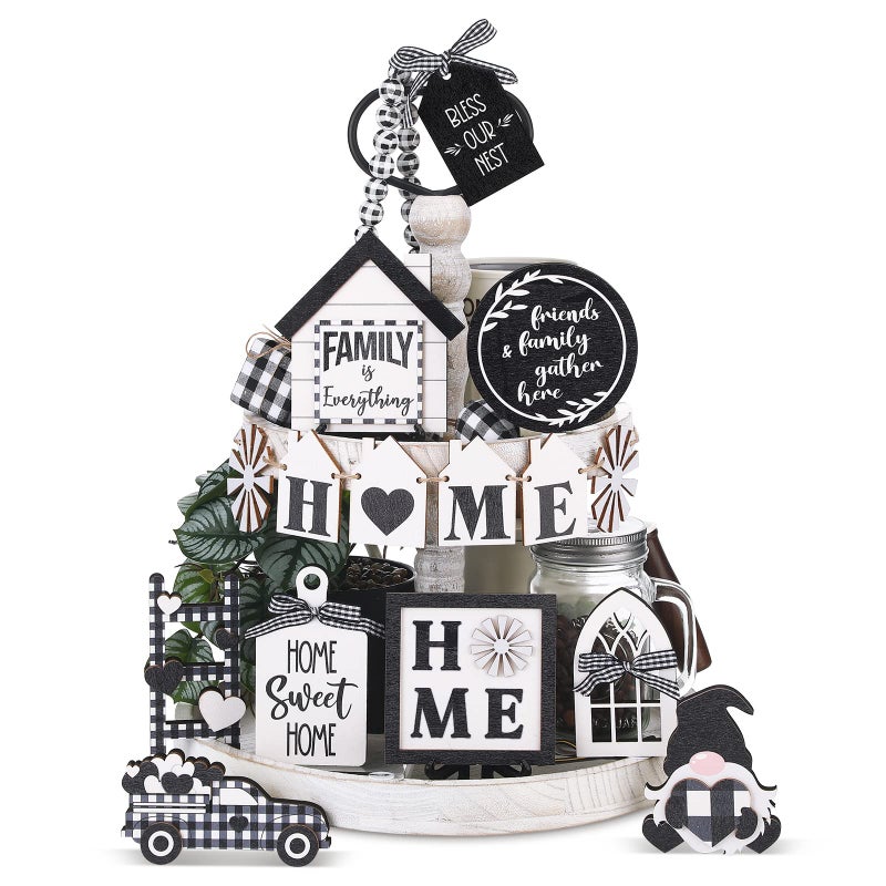 Kajaia Farmhouse Tiered Tray Decor Set Home Wooden Signs Rustic Sweet Home Tabletop Wooden Block Sign for Table DecorHome